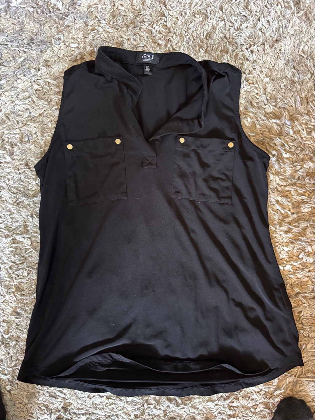 Jones New York Black Sleeveless V-Neck Shell With Gold-Tone Pocket Studs